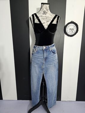 True Religion Light Blue Denim Maxi Skirt with Front Slit